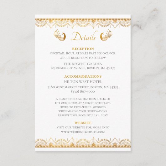 Indian Gold Ethnic Muster Wedding Details Card Begleitkarte (Vorderseite)