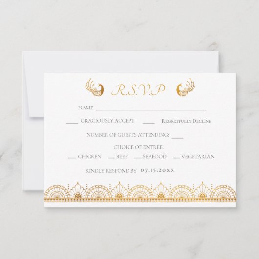 Indian Gold Ethnic Muster Wedding RSVP Card Karte (Vorderseite)