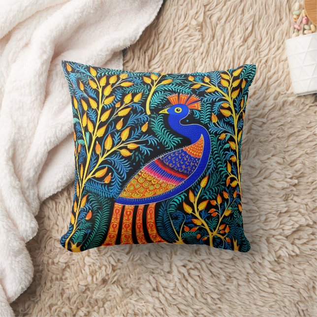 Indian Gond Art Peacock Black | Art of India Kissen (Decke)