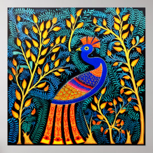 Indian Gond Art Peacock Black   Art of India Poster