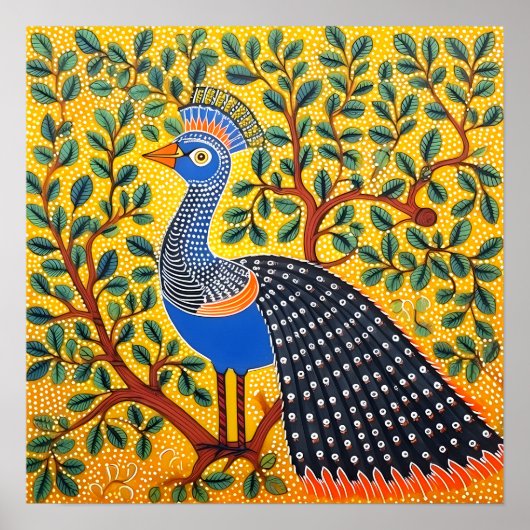 Indian Gond Art Peacock Yellow | Art of India Poster (Vorne)