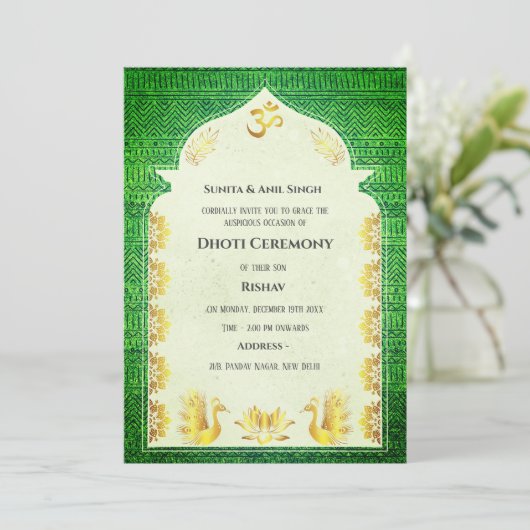 Indian Hindu Boy Dhoti Zeremonie Pancha Kattu Invi Einladung (Stehend Vorderseite)