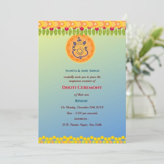 Indian Hindu Boy Dhoti Zeremony Pancha Kattu Einladung (Stehend Vorderseite)