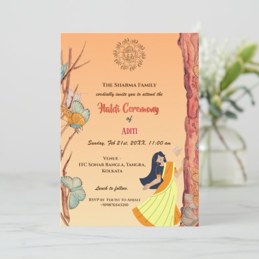 Indian Hindu Bride Haldi Zeremonie Butterfly Einladung (Stehend Vorderseite)