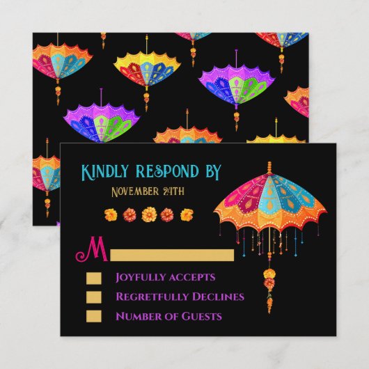 Indian Hindu Colorful Parasol Wedding RSVP Karte (Vorne/Hinten)