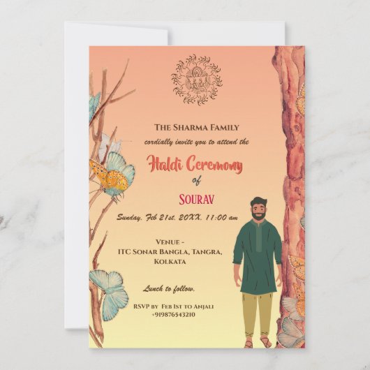 Indian Hindu Groom Haldi Zeremonie Butterfly Einladung (Vorderseite)
