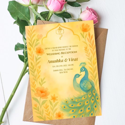 Indian Hindu Hochzeitsempfang Peacock Floral Einladung