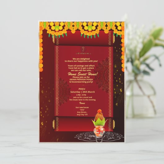 Indian Hindu House Erwärmung Grihapravesh Einladun Einladung (Stehend Vorderseite)