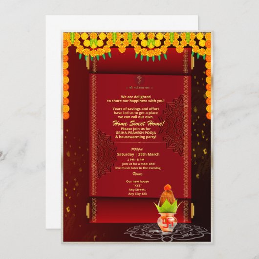 Indian Hindu House Erwärmung Grihapravesh Einladun Einladung (Vorne/Hinten)