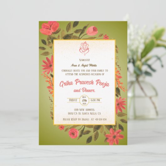 Indian Hindu Housewarming Griha Pravesh Einladung (Stehend Vorderseite)