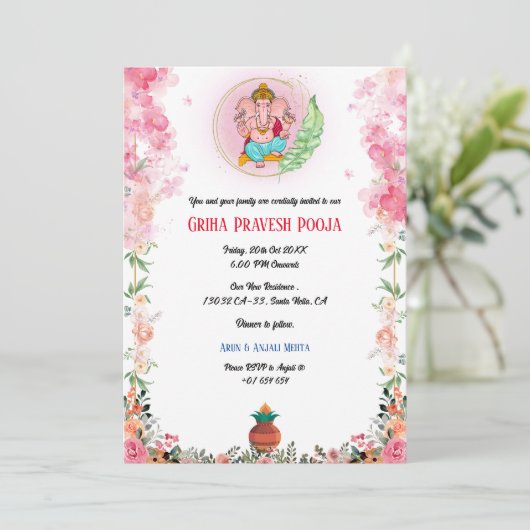 Indian Hindu Housewärming Griha Pravesh Floral Einladung (Stehend Vorderseite)