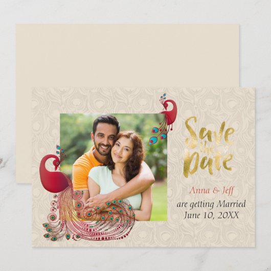 Indian Hindu Peacock Wedding Save the Date (Vorne/Hinten)