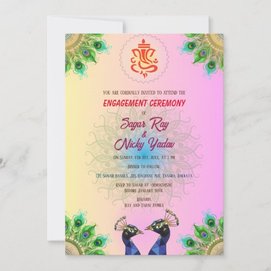 Indian Hindu Verlobung Zeremonie Peacock Couple Einladung (Vorderseite)