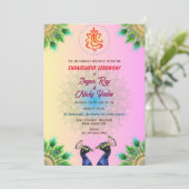 Indian Hindu Verlobung Zeremonie Peacock Couple Einladung (Stehend Vorderseite)