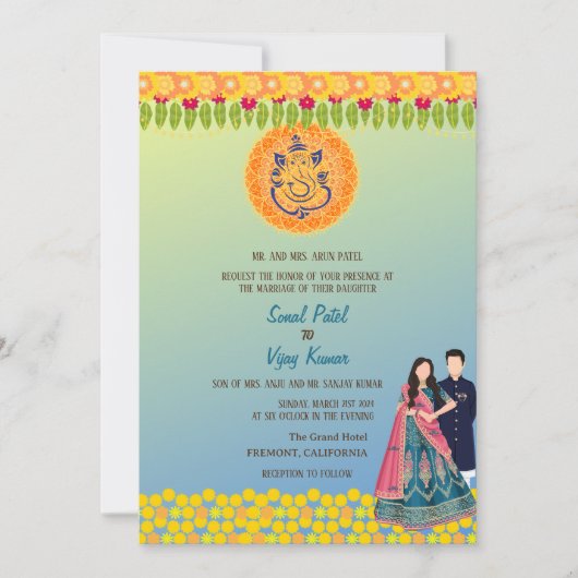 Indian Hindu Wedding Ganesha Floral Einladung (Vorderseite)