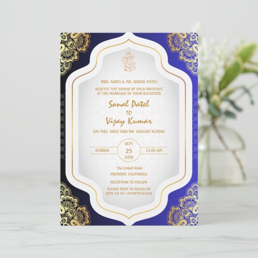 Indian Hindu Wedding Ganesha Logo Golden Elements Einladung (Stehend Vorderseite)