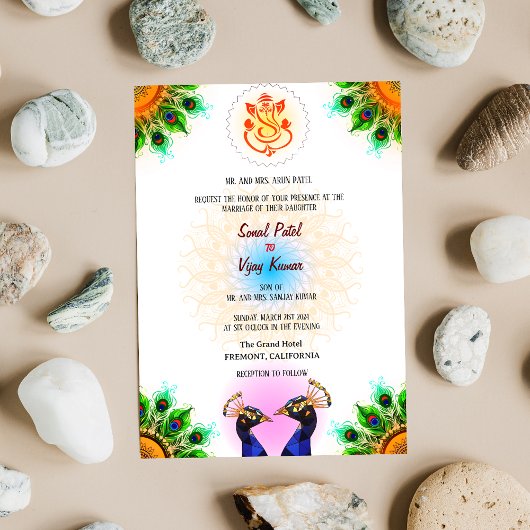 Indian Hindu Wedding Ganesha Peacock Pair White Einladung