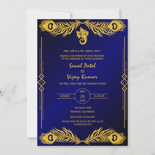 Indian Hindu Wedding Golden Elements Ganesha Logo Einladung (Vorderseite)