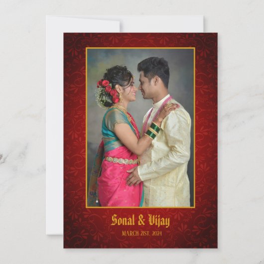 Indian Hindu Wedple Couple Image Golden Peacock Einladung (Rückseite)