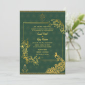Indian Hindu Wedple Couple Image Golden Peacock Einladung (Stehend Vorderseite)