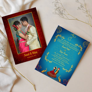 Indian Hindu Wedple Couple Image Golden Peacock Einladung
