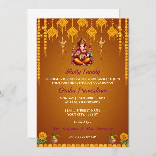 Indian Housewarming Invitational Card, Gruh Praves Einladung (Vorne/Hinten)