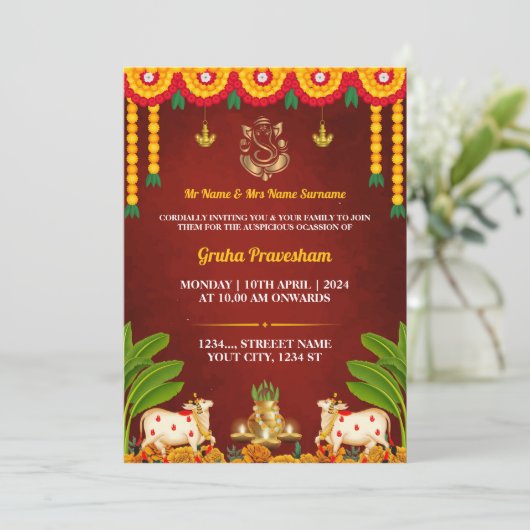 Indian Housewarming Invitational Card, Gruha Prave Einladung (Stehend Vorderseite)