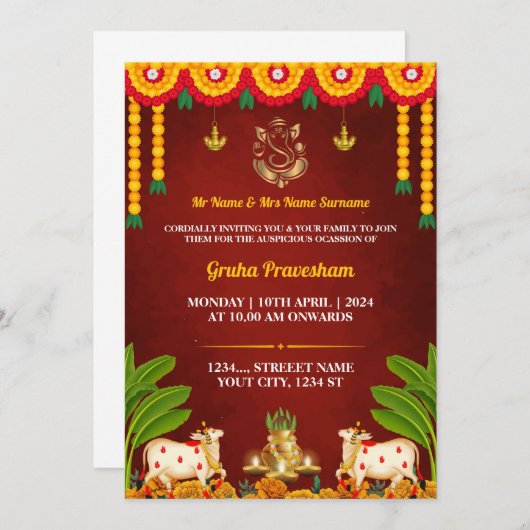 Indian Housewarming Invitational Card, Gruha Prave Einladung (Vorne/Hinten)