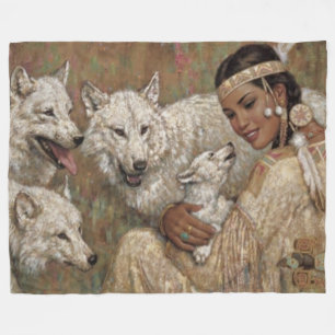 INDIAN MADIEN UND WOLVES FLEECEDECKE