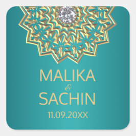 Indian Mandala Blume AQUAMARIN Gold Wedding Siegel Quadratischer Aufkleber
