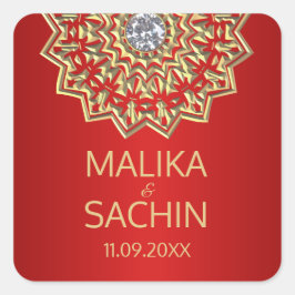Indian Mandala Blume RED Gold Wedding Siegel Quadratischer Aufkleber