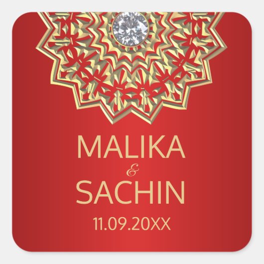 Indian Mandala Blume RED Gold Wedding Siegel Quadratischer Aufkleber (Vorderseite)