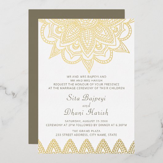 Indian Mehndi Hindu Elegant Stilvolle Hochzeit Gol Folieneinladung (Vorderseite/Rückseite)