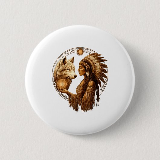 Indian Native American Woman With White Wolf Vinta Button (Vorderseite)