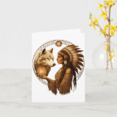 Indian Native American Woman With White Wolf Vinta Karte (Gelbe Blume)