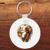 Indian Native American Woman With White Wolf Vinta Schlüsselanhänger (Vorderseite)