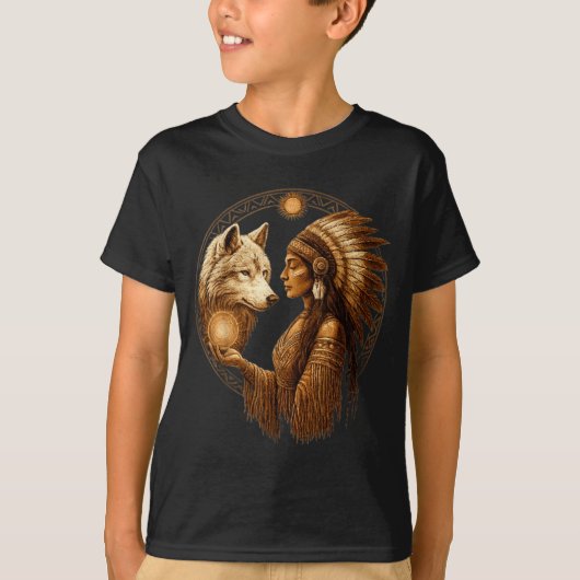 Indian Native American Woman With White Wolf Vinta T-Shirt (Vorderseite)