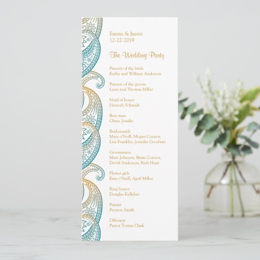 Indian Paisley Aquamarin und Gold Wedding Programm (Stehend Vorderseite)