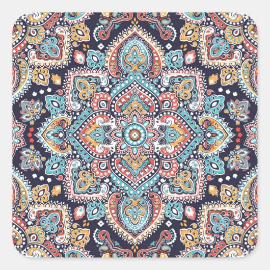 Indian Paisley: Ethnisches Mandala Muster Quadratischer Aufkleber (Vorderseite)