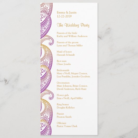 Indian Paisley Lila und Gold Wedding Programm (Vorderseite)