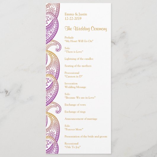 Indian Paisley Lila und Gold Wedding Programm (Rückseite)