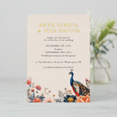 Indian Peacock Blume Foto Wedding Save the Date Folieneinladung (Stehend vorne)