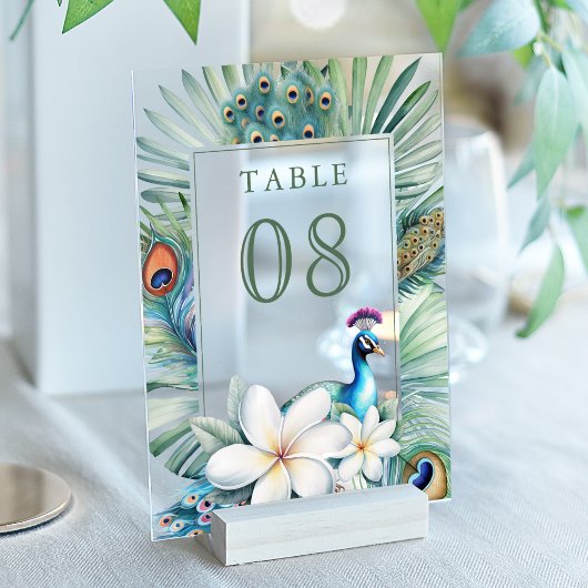 Indian Peacock Floral Wedding Acrylic Table Number Acryleinladungen