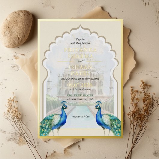 Indian Peacock Gold Taj Mahal Ästhetische Hochzeit Folieneinladung