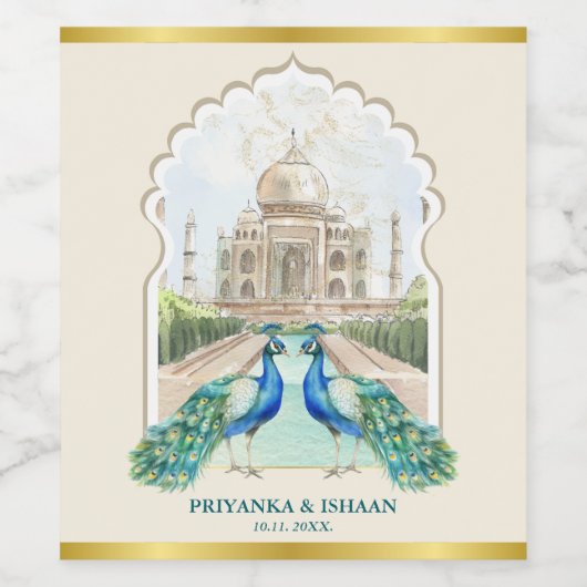 Indian Peacock Gold Taj Mahal Ästhetische Hochzeit Weinetikett (Einzelnes Label)