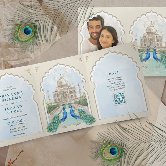 Indian Peacock Taj Mahal Arch QR Wedding Dreifach Gefaltete Einladung