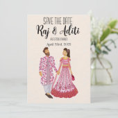 Indian Pink Wedding Illustriert Couple Save The Date (Stehend Vorderseite)