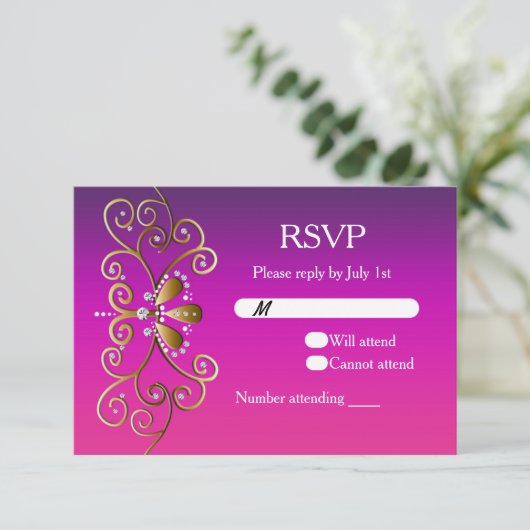 Indian Princess Lila Pink Gold RSVP card laden (Stehend Vorderseite)