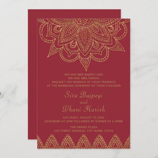 Indian Rich Red Gold Mehndi Hindu Wedding Einladung (Vorne/Hinten)