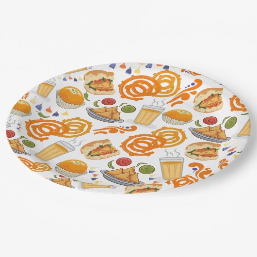 Indian Street Food Pattern farbenfrohe festliche C Pappteller (Schrägansicht)